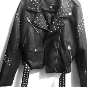 Leather jacket with studs and embellishments